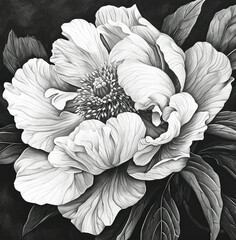 Beautiful Monochrome Drawing of a White Peony Flower on a Contrasting Black and White Background