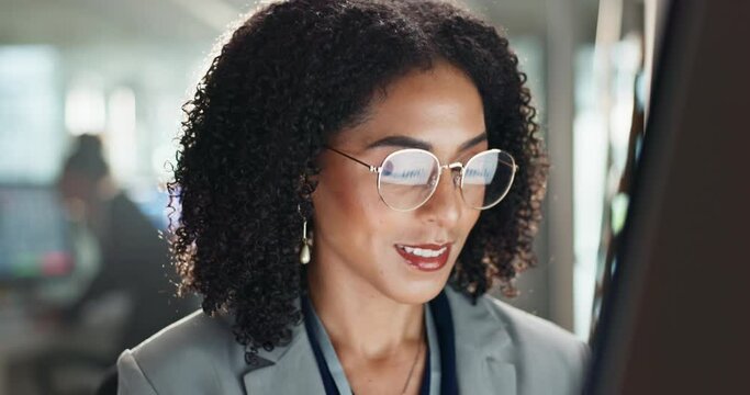 Corporate, business woman and computer with digital planning for administration work at company. Job analytics, reading and tech of a professional with admin report, web research and glasses