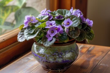 Emergency Bloom: Fresh African Violet Plant Showing Vibrant Botanical Species in Green Flora  - obrazy, fototapety, plakaty