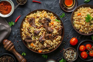 Set of Pilau or Pilaf on Dark Background Top View