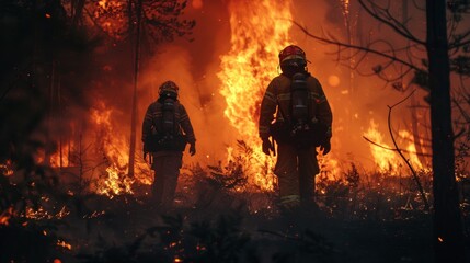 Action image of Firefighters in safety uniform and helmets standing wildland fire, moving along smoked out forest