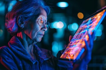 App preview over shoulder of a middle-aged woman holding a tablet with an entirely neon screen - obrazy, fototapety, plakaty