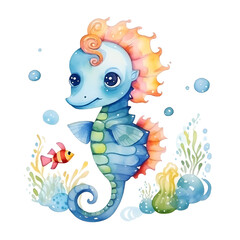 cute seahorse fish watercolor style, illustration.