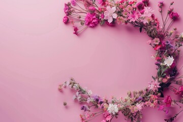 Feminine Flatlay: Floral Chaplet with Copy Space for Mother's Day, International Women's Day and Valentine Day on Magenta Background