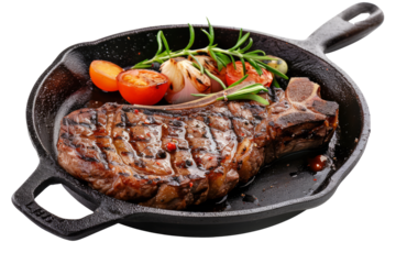 Grilled Steak: A mouthwatering juicy steak on a hot iron skillet, with char marks and sizzling sauce.