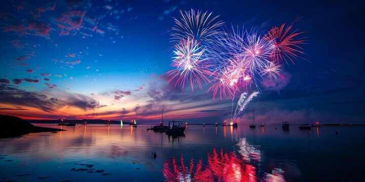 Fireworks light up the predawn sky, mirrored by the calm waters around moored sailboats.