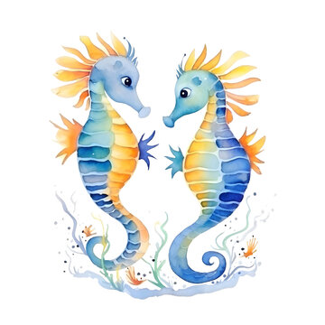 cute seahorse fish watercolor style, illustration.