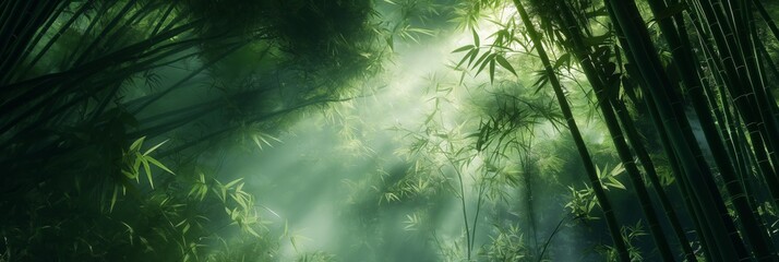 An ethereal image capturing the tall bamboo trees extending upwards as light gently filters through creating beams of serenity and wonder - obrazy, fototapety, plakaty