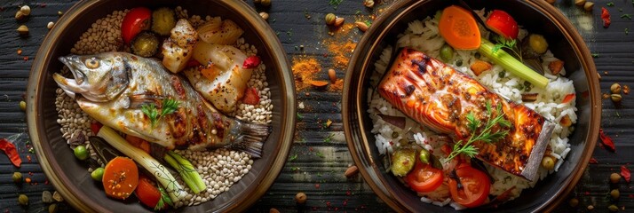 Syrdak, Salmon Steak and Rice on Natural Moss Background, Sea Bass and Red Fish Fillet