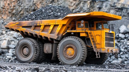 Anthracite coal mining  big yellow truck in open pit mine industry for efficient extraction - obrazy, fototapety, plakaty