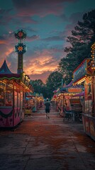 Abandoned summer carnival, lone figure walking past colorful booths, dusk, eerie yet beautiful