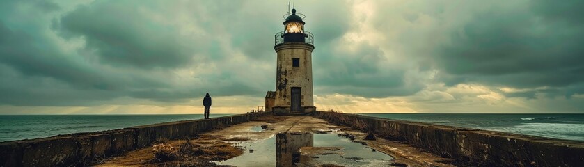 Abandoned lighthouse, one person looking out to sea, windy, wide shot, reflective isolation - obrazy, fototapety, plakaty