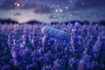 Ad for a sleep aid showing a pill transforming into a lavender flower, peaceful night setting, conceptual and calming - obrazy, fototapety, plakaty