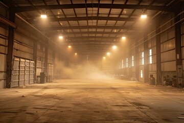 Abandoned warehouse with concealed robotics lab, inside view, dusty with flickering lights, medium shot