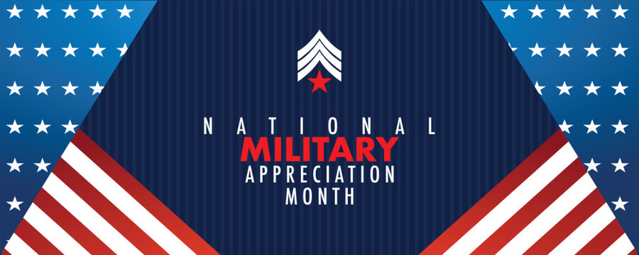 National Military Appreciation Month is celebrated every year in May, Poster, card, banner and background. Vector illustration. banner design with American flag theme and colors, stars, stripes