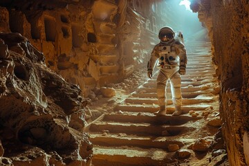 Astronauts discovering ancient disease in alien ruins, eerie structures, dim lighting, medium shot, suspense - obrazy, fototapety, plakaty