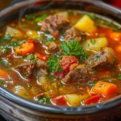 Sturdy Shurpa, Chorba or Shorba Soup with Mutton and Vegetables, Clear Homemade Halal Broth