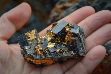 Gold Ore Specimen - Sample of Pyrite and Galenite in Hand from Underground Mine Shaft - obrazy, fototapety, plakaty