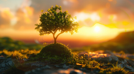 Small tree growing with sunrise. green world and earth