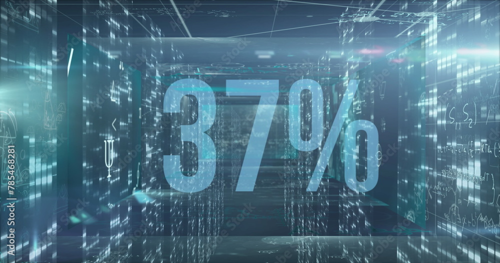 Poster image of increasing percentage over multiple screens with mosaic squares on blue background