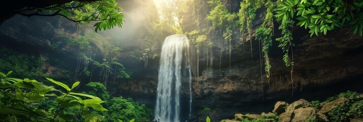 A serene hidden waterfall oasis deep within a lush tropical jungle, radiating a sense of tranquil exploration - obrazy, fototapety, plakaty