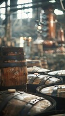 Derelict distillery secretly producing banned substances, interior, barrels and stills, closeup - obrazy, fototapety, plakaty