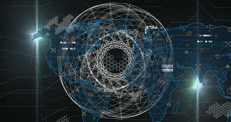 Image of abstract geometrical shape and data processing over world map on black background