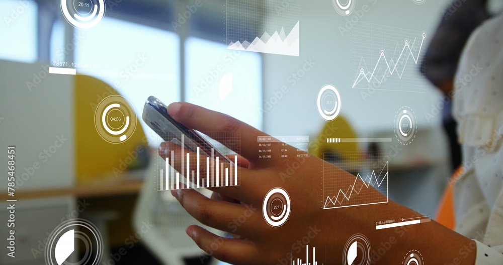 Poster image of data processing and scope scanning over biracial businesswoman using smartphone