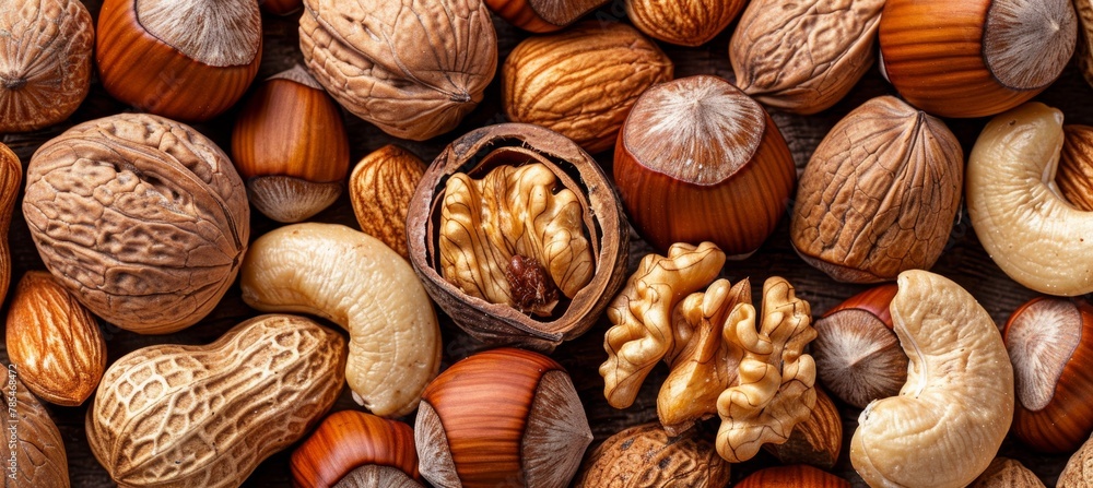 Aufkleber assortment of different nuts creating a rustic and organic background perfect for natural themes