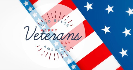 Naklejka premium Image of happy veteran day over flag of usa and lines on white background