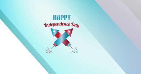 Image of happy independence day and rockets over blue lines - obrazy, fototapety, plakaty