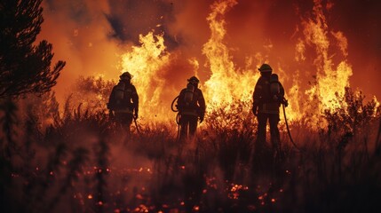 Fototapeta premium Team of firefighters in safety uniform and helmets extinguishing wildland fire, moving along smoked out forest