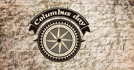 Image of columbus day and compass over stone wall