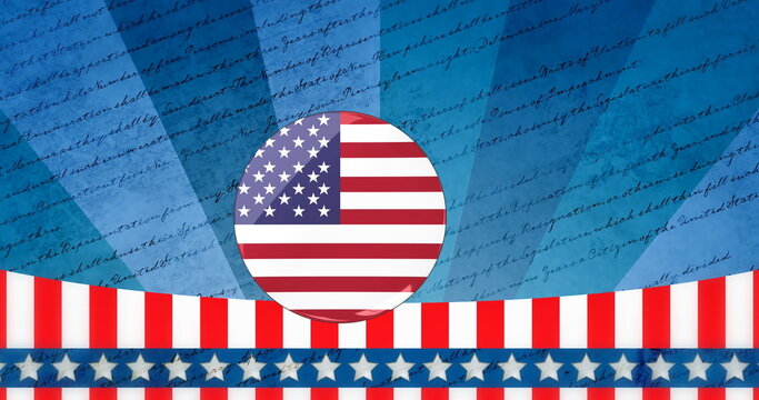 Naklejki Image of circle with flag of usa over blue striped background with writings