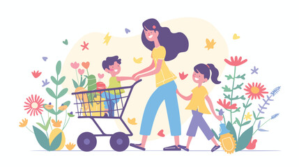 Mother pushing full shopping cart with her children 