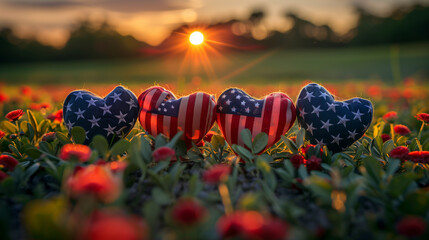 Fabric hearts bearing the American flag design nestle among flowers in a field, illuminated by the warm glow of a sunset.