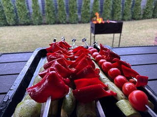 Red pepper and green zucchini on skewers. Grilled vegetables on the grill. Cooking vegetables on fire in nature.