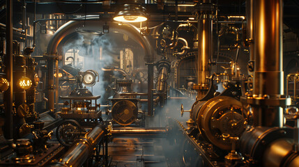 Steam-driven Laboratory Filled with Gears, Instruments, and Mechanical Devices - obrazy, fototapety, plakaty