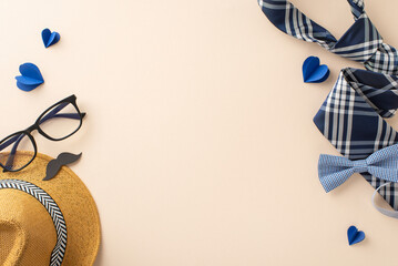 Festive composition for Fathers' Day with straw hat, elegant necktie, bow tie, glasses, mustache,...
