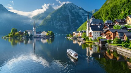 Classic Panoramic View of the Picturesque Old Town, Lake and Scenic Boat Cruise in Region at Sunrise - obrazy, fototapety, plakaty