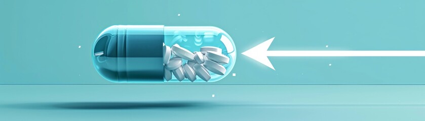 Graphic of an arrow passing through a capsule, illustrating fastacting medication, simple and direct