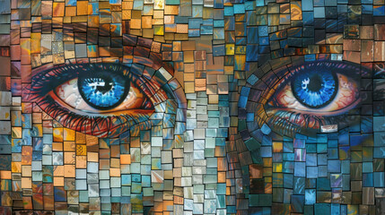 Obraz premium Abstract mosaic portrait of a woman's face with blue eyes and a red nose, made of colorful tiles