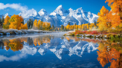 Snow covered grand tetons range reflected in the calm
