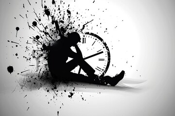 Silhouette of a depressed man sitting on the ground with his head down and holding a watch in his hand, time is running out. Sadness and disappointment due to failure to achieve one's goals. Banner - obrazy, fototapety, plakaty