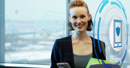 Image of scope scanning with icons over caucasian businesswoman using smartphone