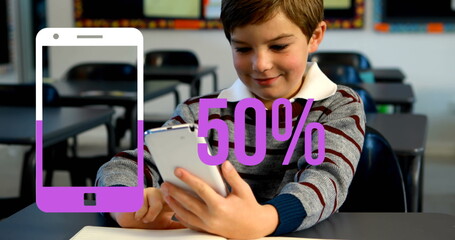 Image of smartphone icon with growing number over caucasian schoolboy using smartphone - Powered by Adobe