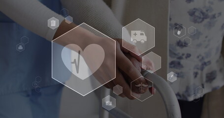 Image of icons in hexagons over hands of caucasian nurse assisting senior patient in walking