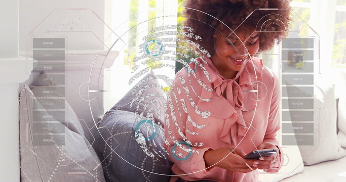 Image of data processing with fingerprint over african american businesswoman using smartphone