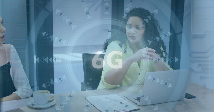 Image of 6g text and scope scanning over diverse people at meeting