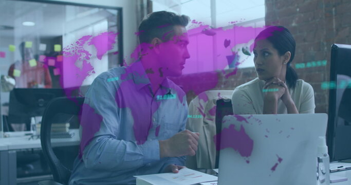 Image of data processing and world map over diverse business people in office - Powered by Adobe